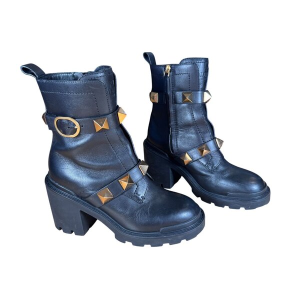 Valentino Garavani Shoes - Valentino Garavani Roman Stud Black Ankle Lug Sole Combat Boots Size EU 37.5